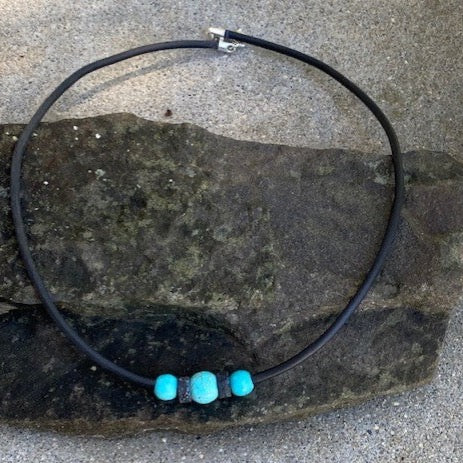 Turquoise Lava Beaded Necklace Choker, Black Rubber Choker