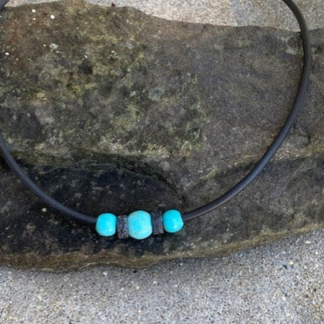 Turquoise Lava Beaded Necklace Choker, Black Rubber Choker