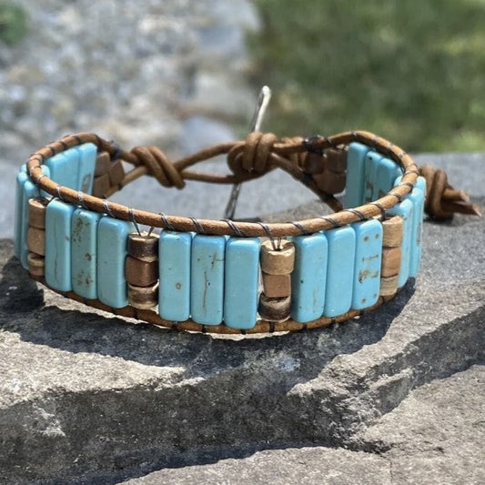 Turquoise Beaded Brown Leather Bracelet