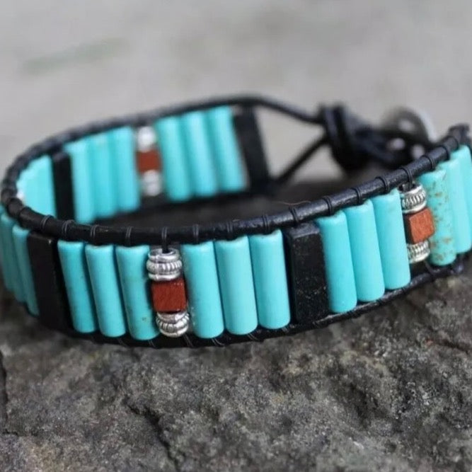 Turquoise and Blackstone Beaded Black Leather Bracelet