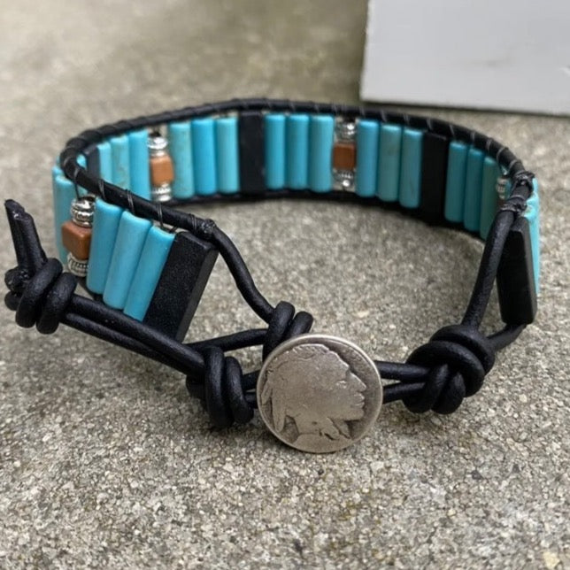 Turquoise and Blackstone Beaded Black Leather Bracelet