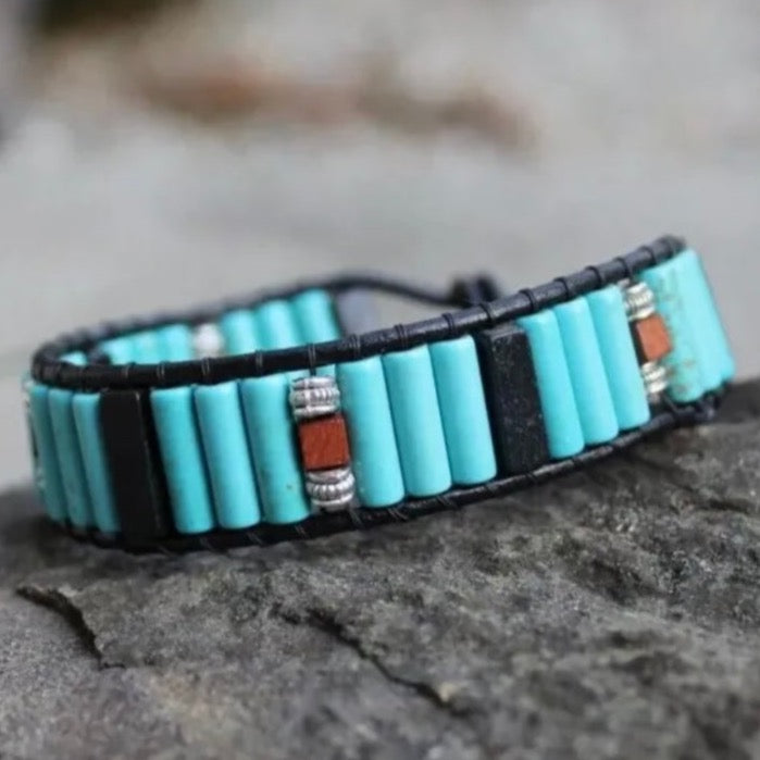 Turquoise and Blackstone Beaded Black Leather Bracelet