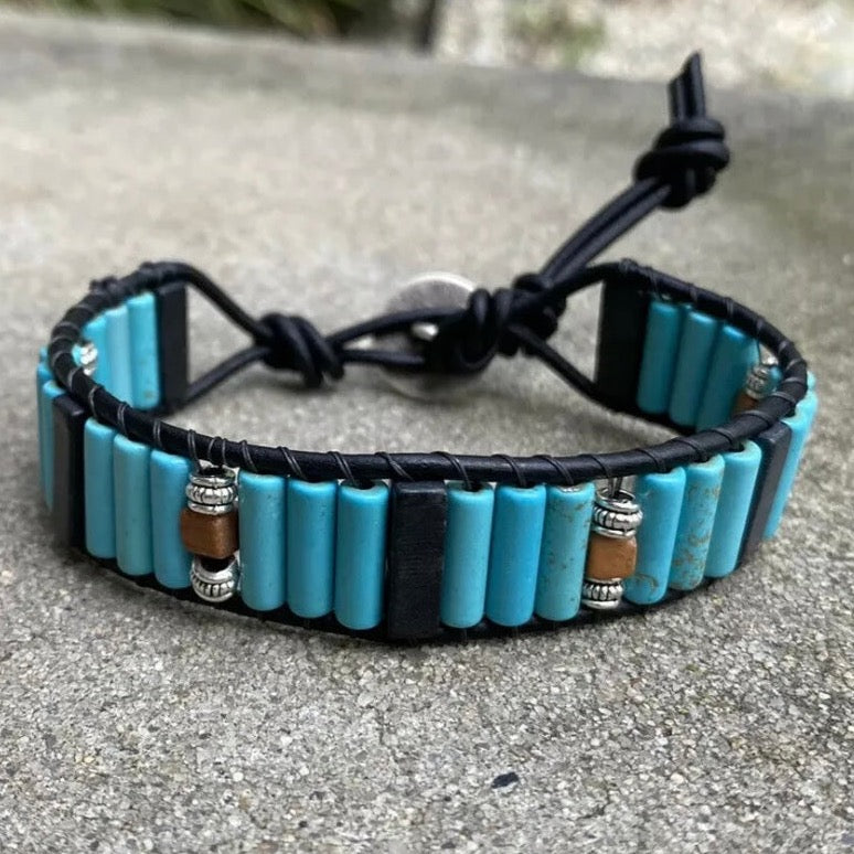 Turquoise and Blackstone Beaded Black Leather Bracelet