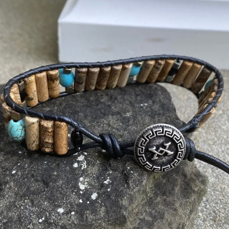 Picture Jasper, Black Obsidian & Turquoise Beaded Black Leather Bracelet