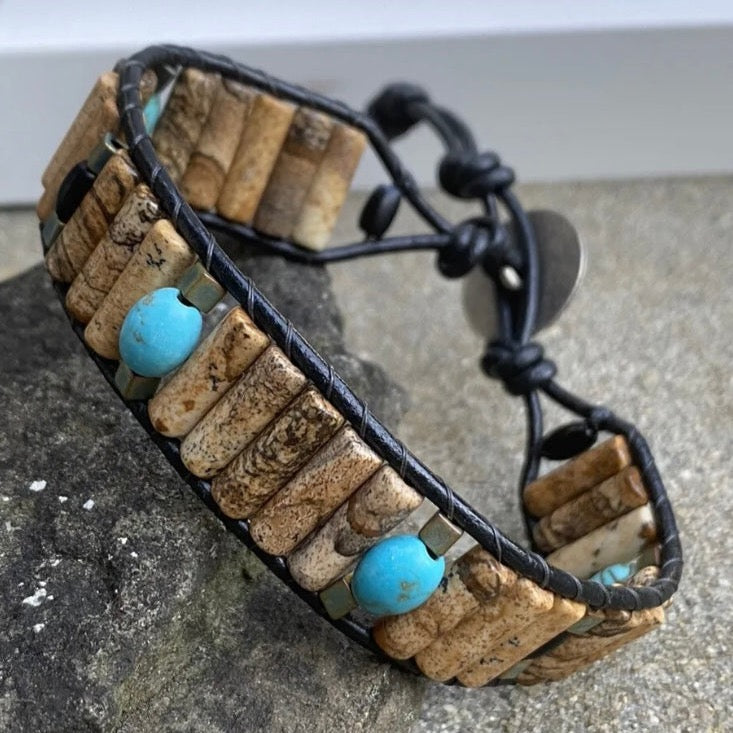 Picture Jasper, Black Obsidian & Turquoise Beaded Black Leather Bracelet