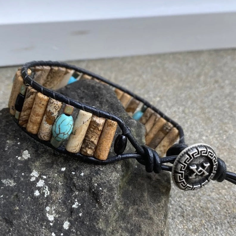 Picture Jasper, Black Obsidian & Turquoise Beaded Black Leather Bracelet