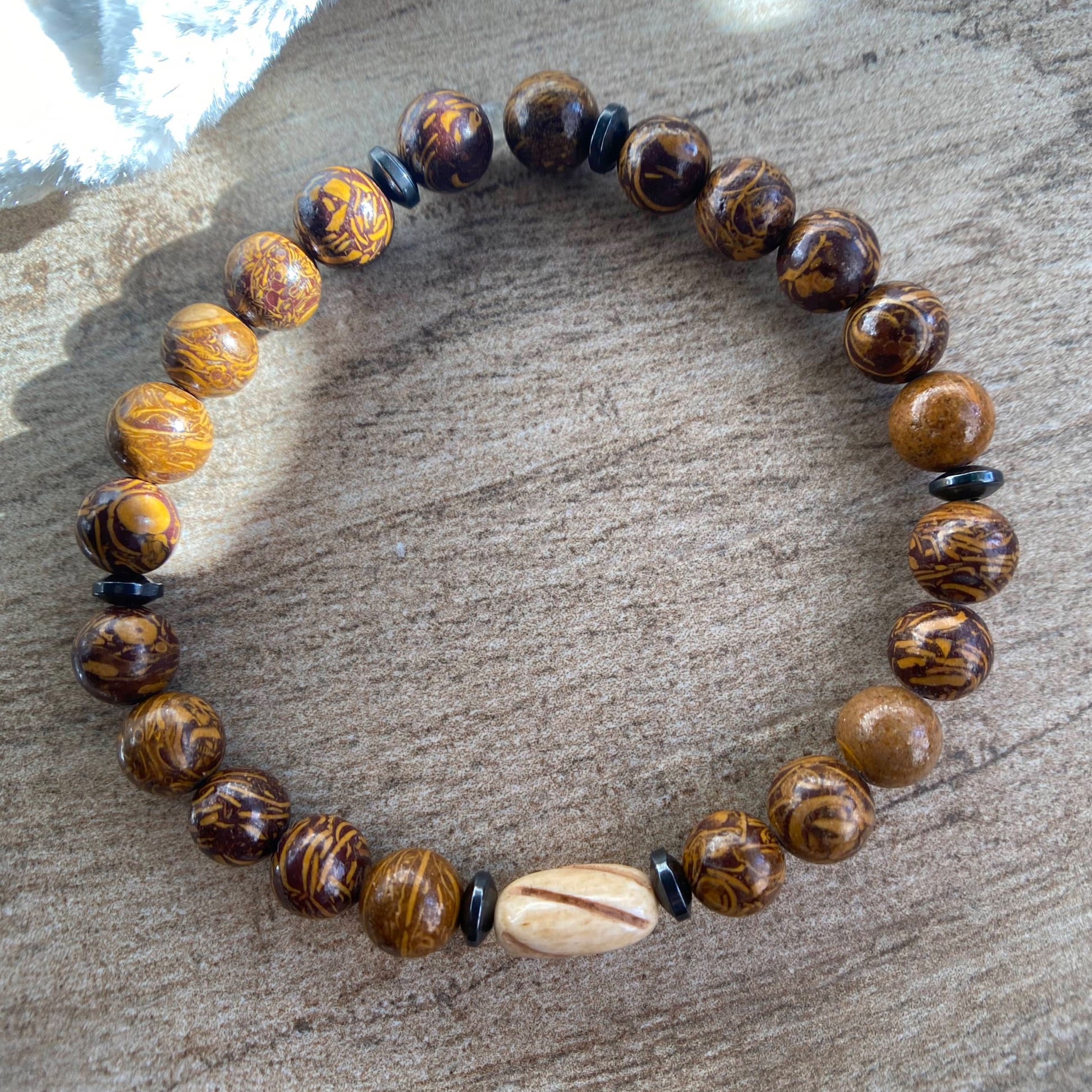 Natural Fossil Stone Beaded Stretch Bracelet