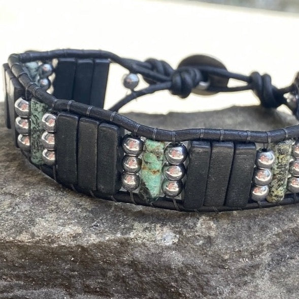 Men's Bracelet African Turquoise and Blackstone  Beaded Leather Bracelet