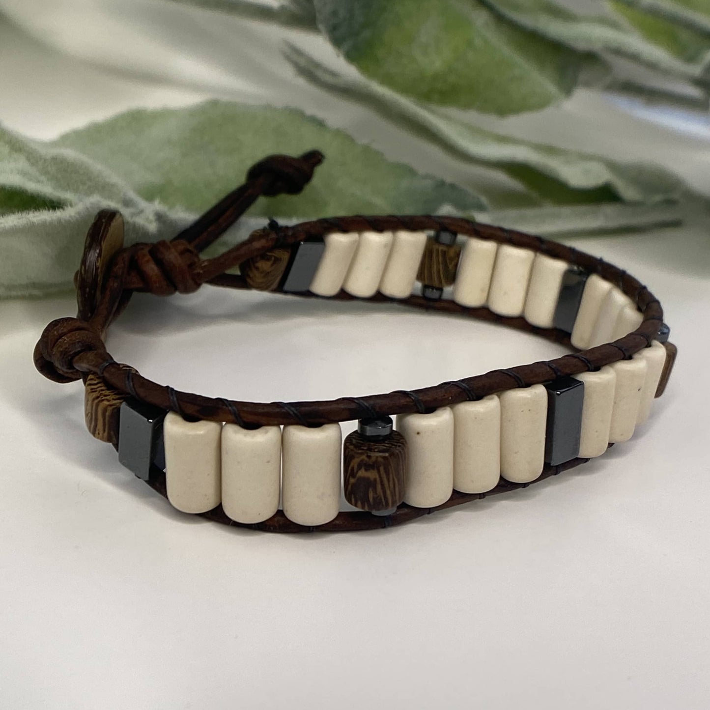 White Turquoise Magnesite Beaded Brown Leather Bracelet with wood beads