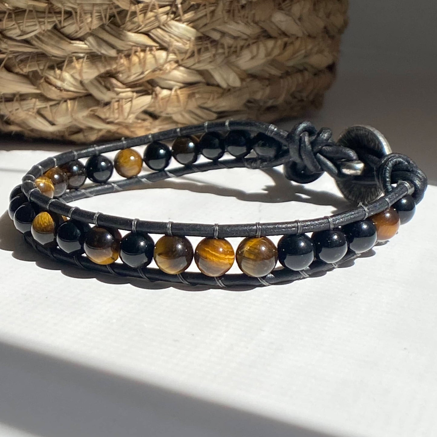 Tiger Eye and Black Obsidian Beaded Black Leather Bracelet with Skull Clasp