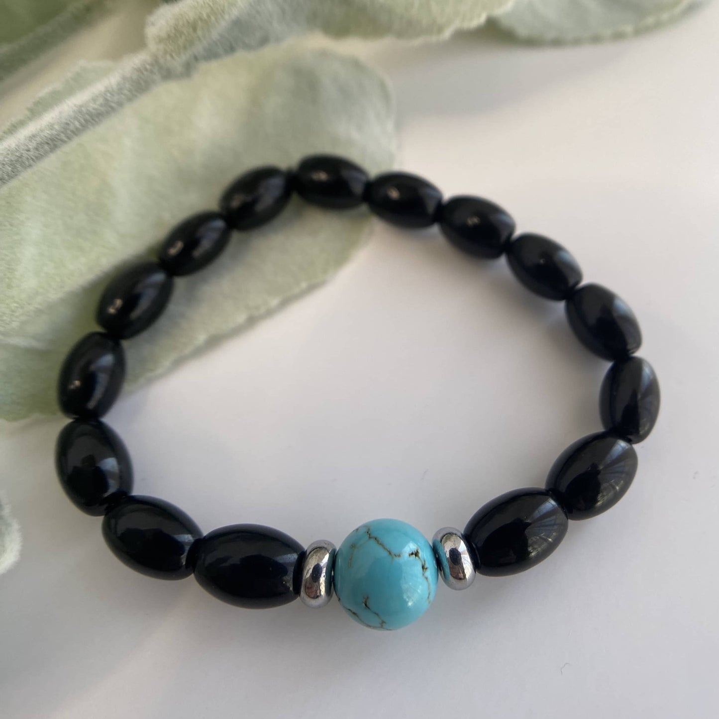 Mens 10mm Black Onyx and Turquoise Beaded Stretch Bracelet - Strength and Protects