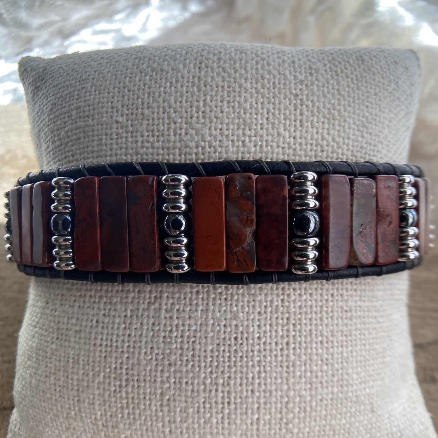 Men's Beaded Bracelet Brecciated Jasper Beaded Black Leather Bracelet - Vibrancy and Passion