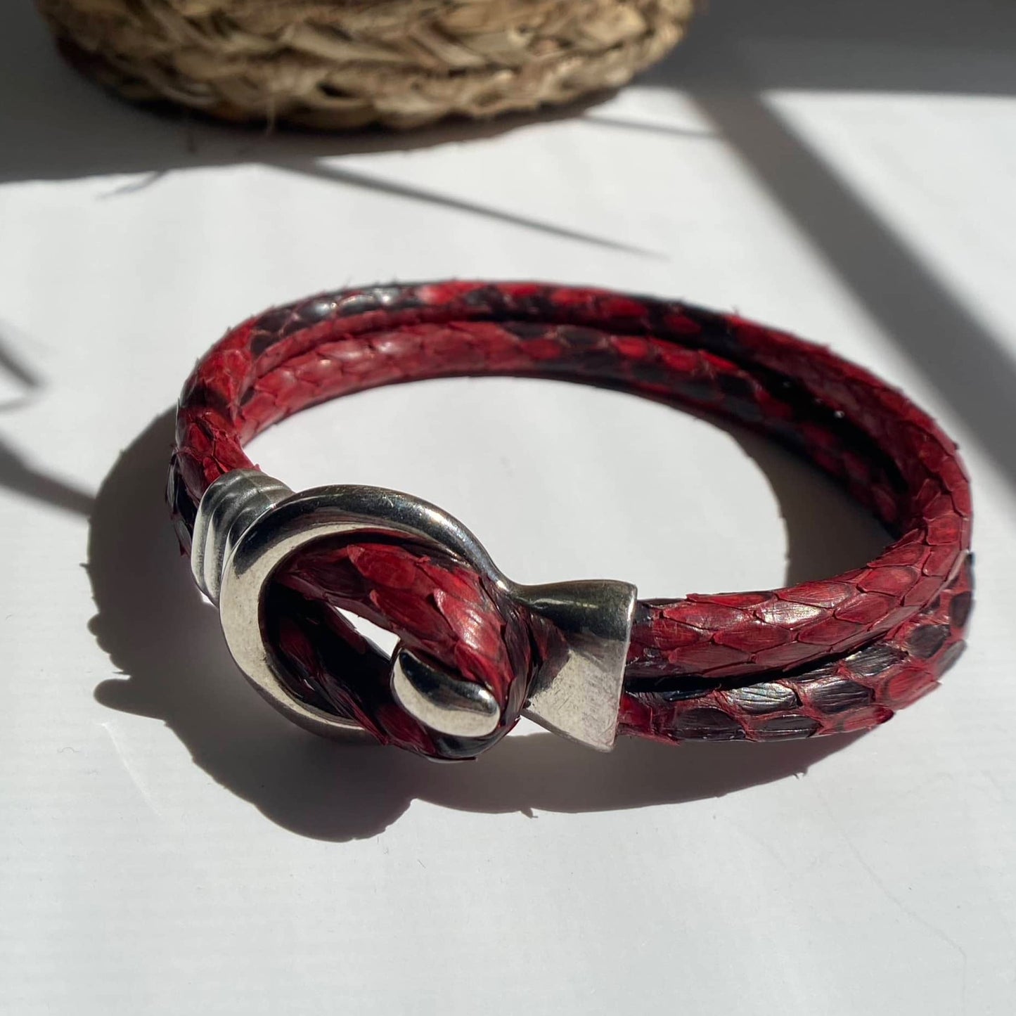 Men's Red Python Leather Cord Bracelet with Antique Silver Clasp