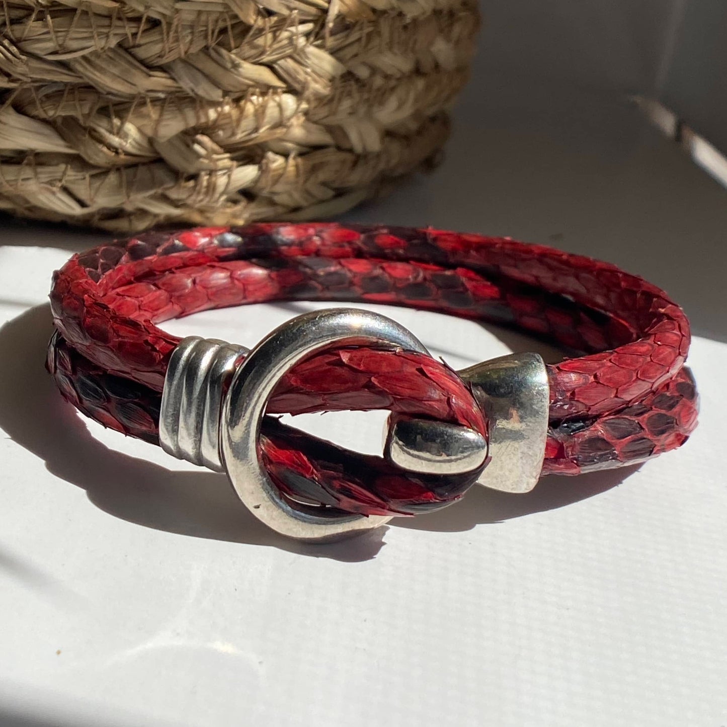 Men's Red Python Leather Cord Bracelet with Antique Silver Clasp