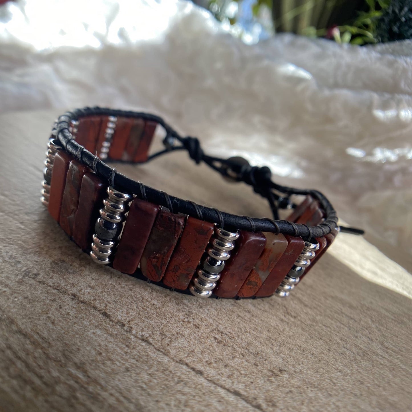 Men's Beaded Bracelet Brecciated Jasper Beaded Black Leather Bracelet - Vibrancy and Passion