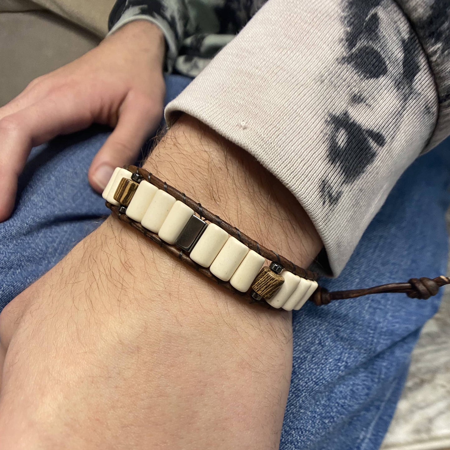 White Turquoise Magnesite Beaded Brown Leather Bracelet with wood beads