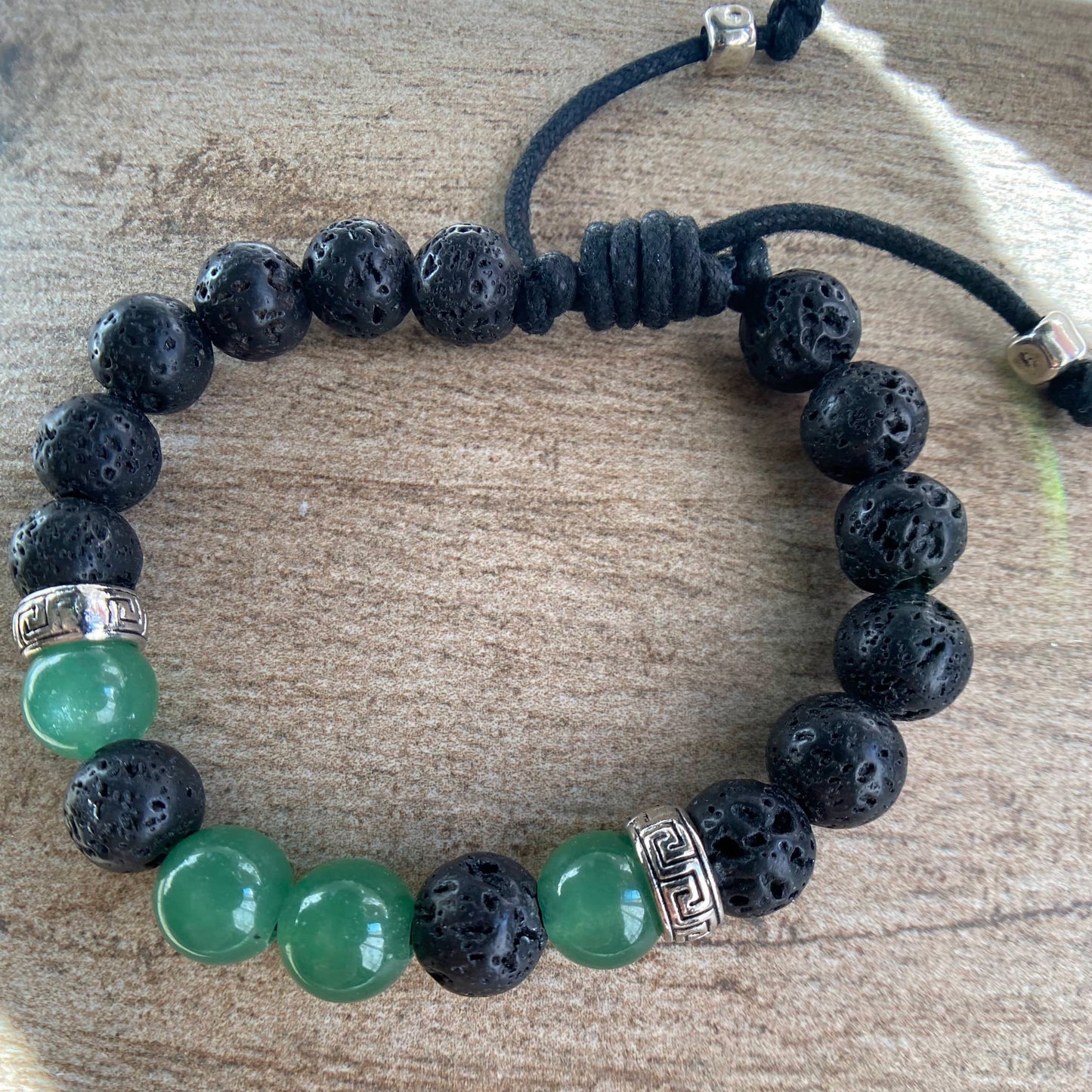 Green Aventurine & Natural Black Lava 10mm Beaded Bracelet Adjustable Bracelet