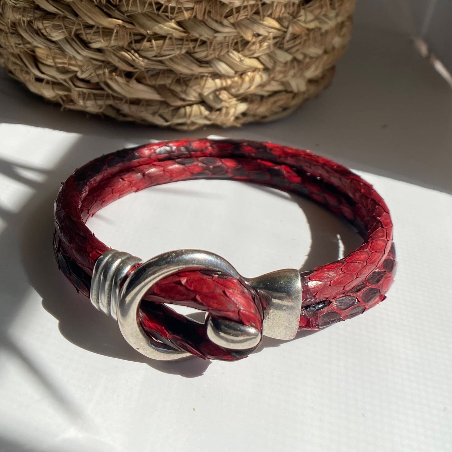 Men's Red Python Leather Cord Bracelet with Antique Silver Clasp