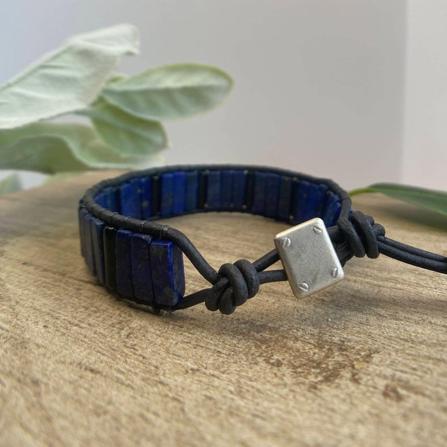 Men's Blue Lapis and Black Obsidian Beaded Black Leather Cuff Bracelet - Truth and Security