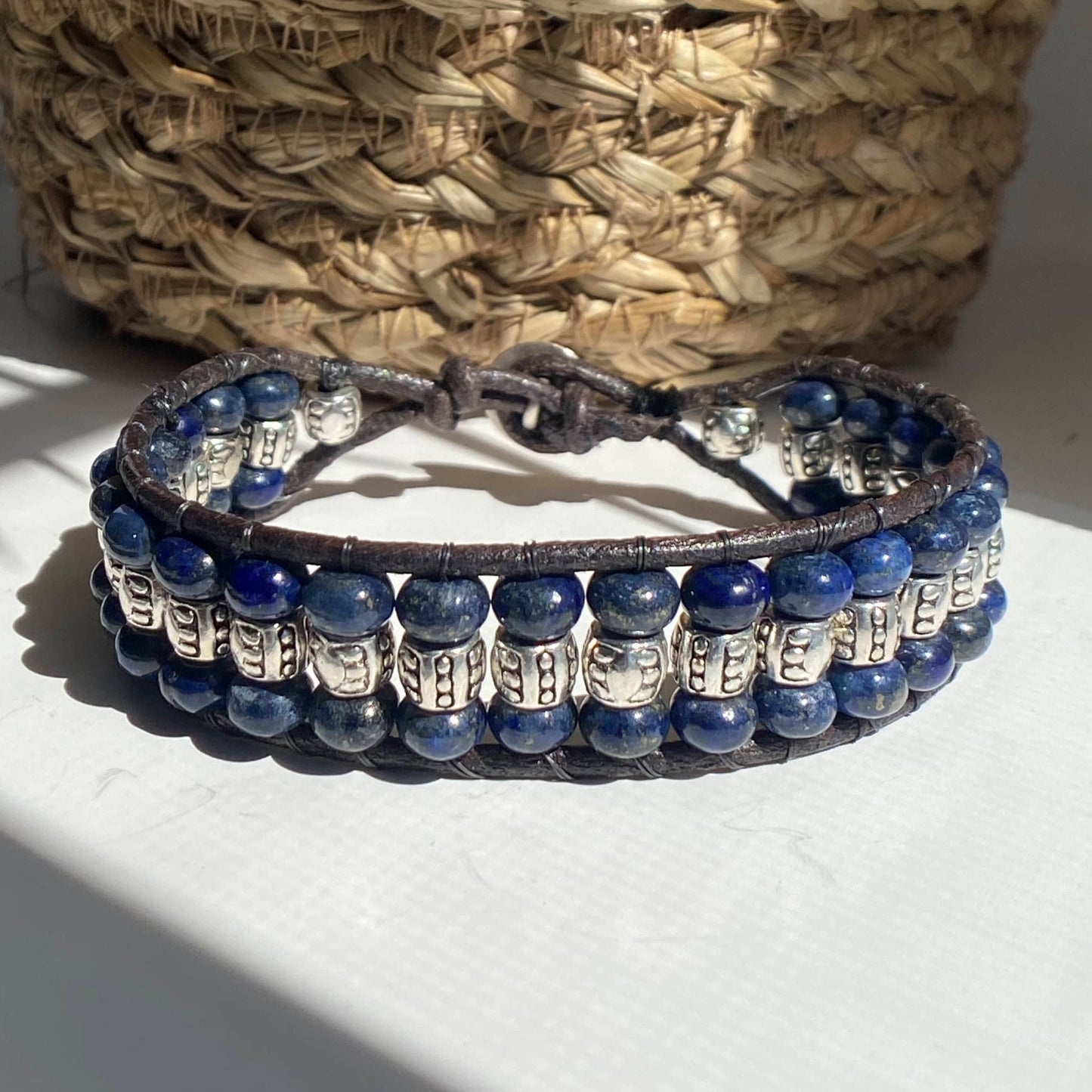 Blue Lapis Silver Beaded Black Leather Bracelet - Connect