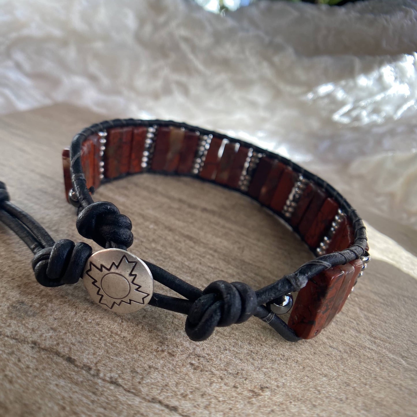 Men's Beaded Bracelet Brecciated Jasper Beaded Black Leather Bracelet - Vibrancy and Passion