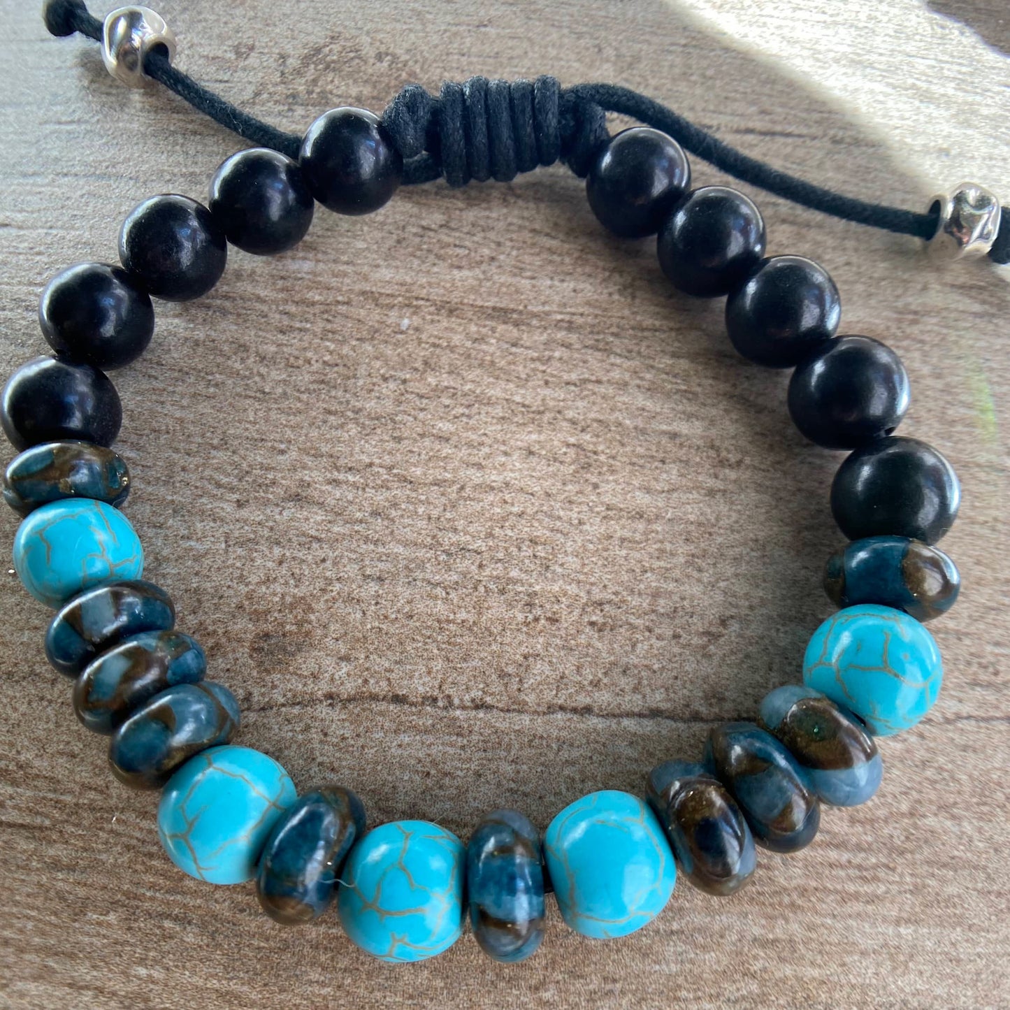 Turquoise & Natural Jasper 10mm Beaded Bracelet, Adjustable Cord Bracelet