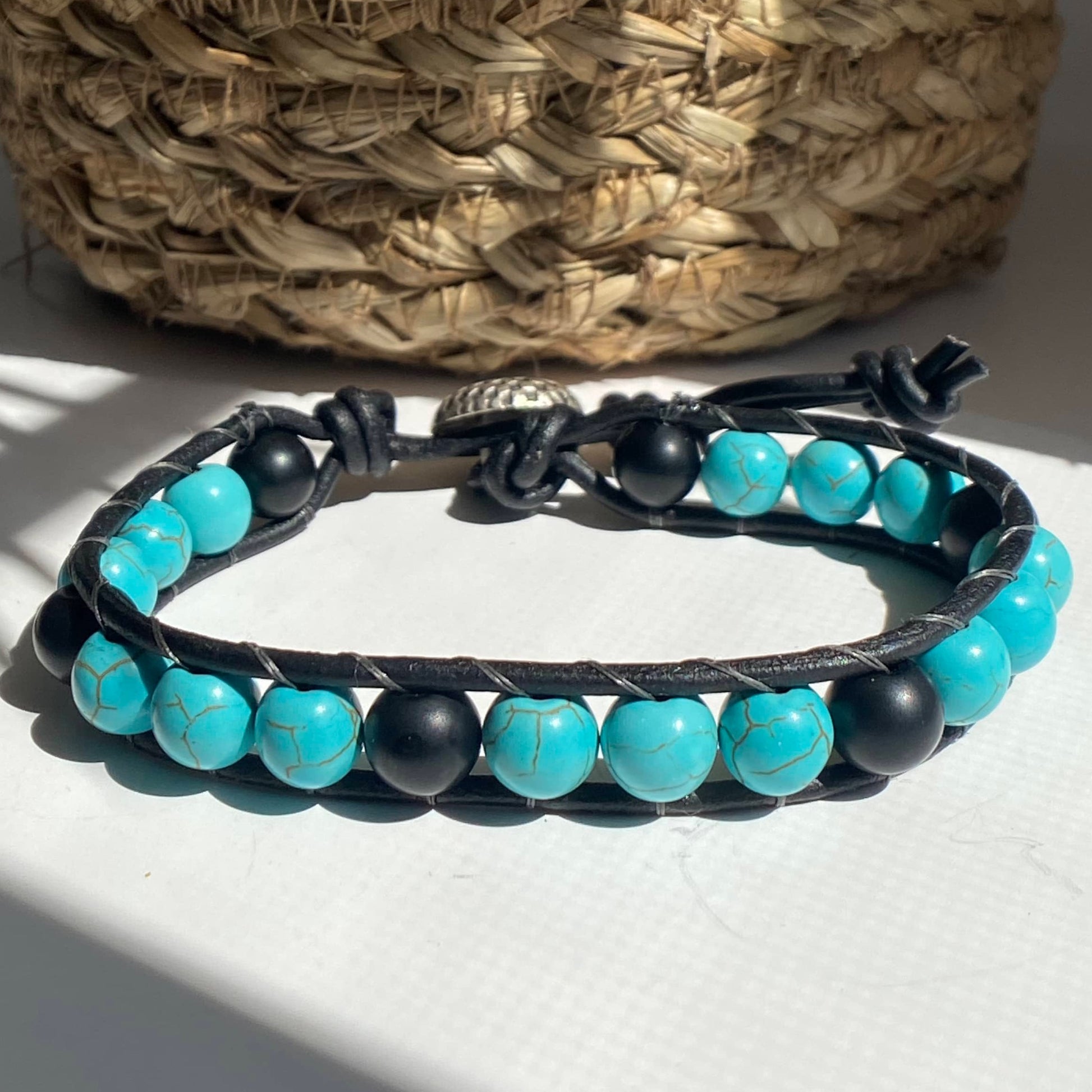 Turquoise and onyx beaded leather bracelet