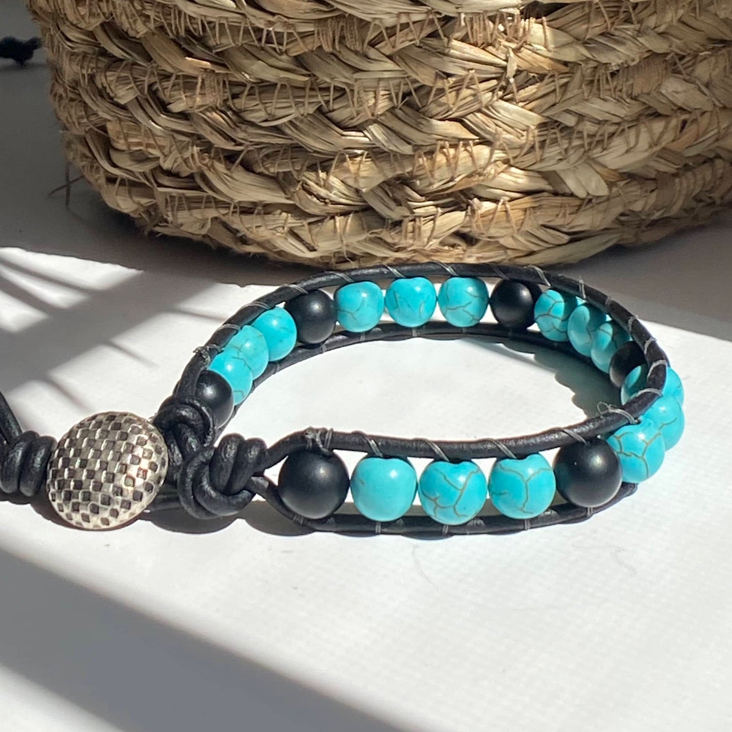 Turquoise and Onyx Beaded Black Leather Bracelet - Strength & Energy