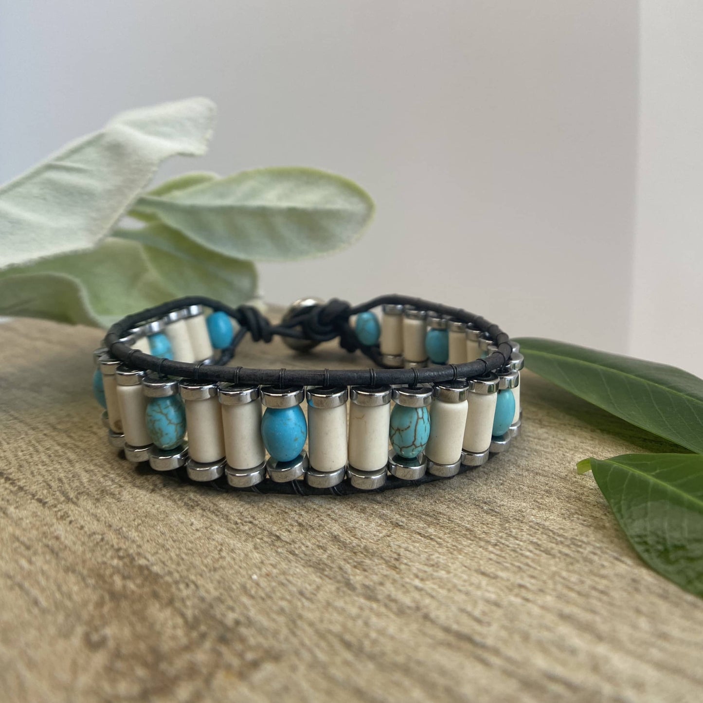 Men's White & Blue Turquoise Beaded Black Leather Cuff Bracelet