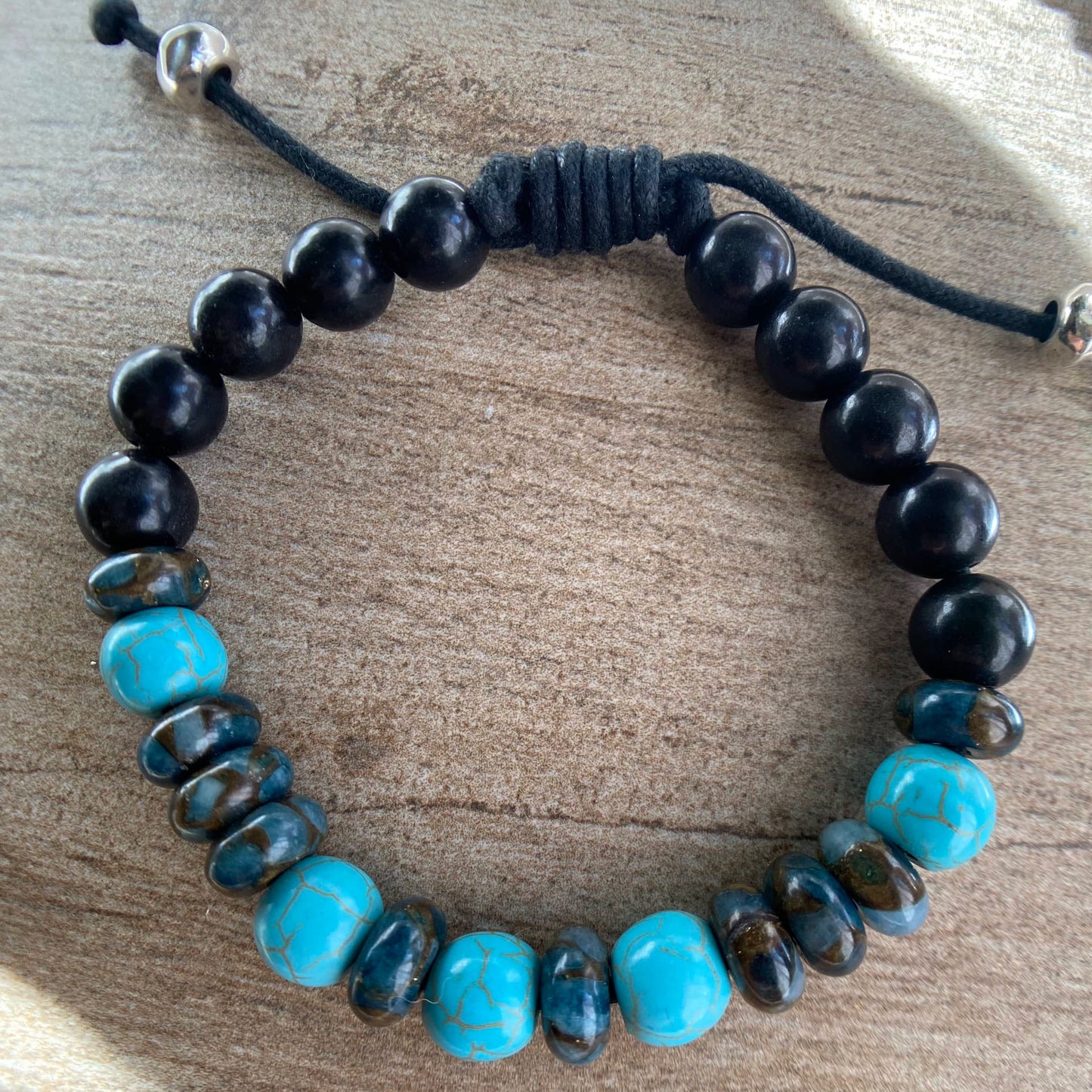 Turquoise & Natural Jasper 10mm Beaded Bracelet, Adjustable Cord Bracelet