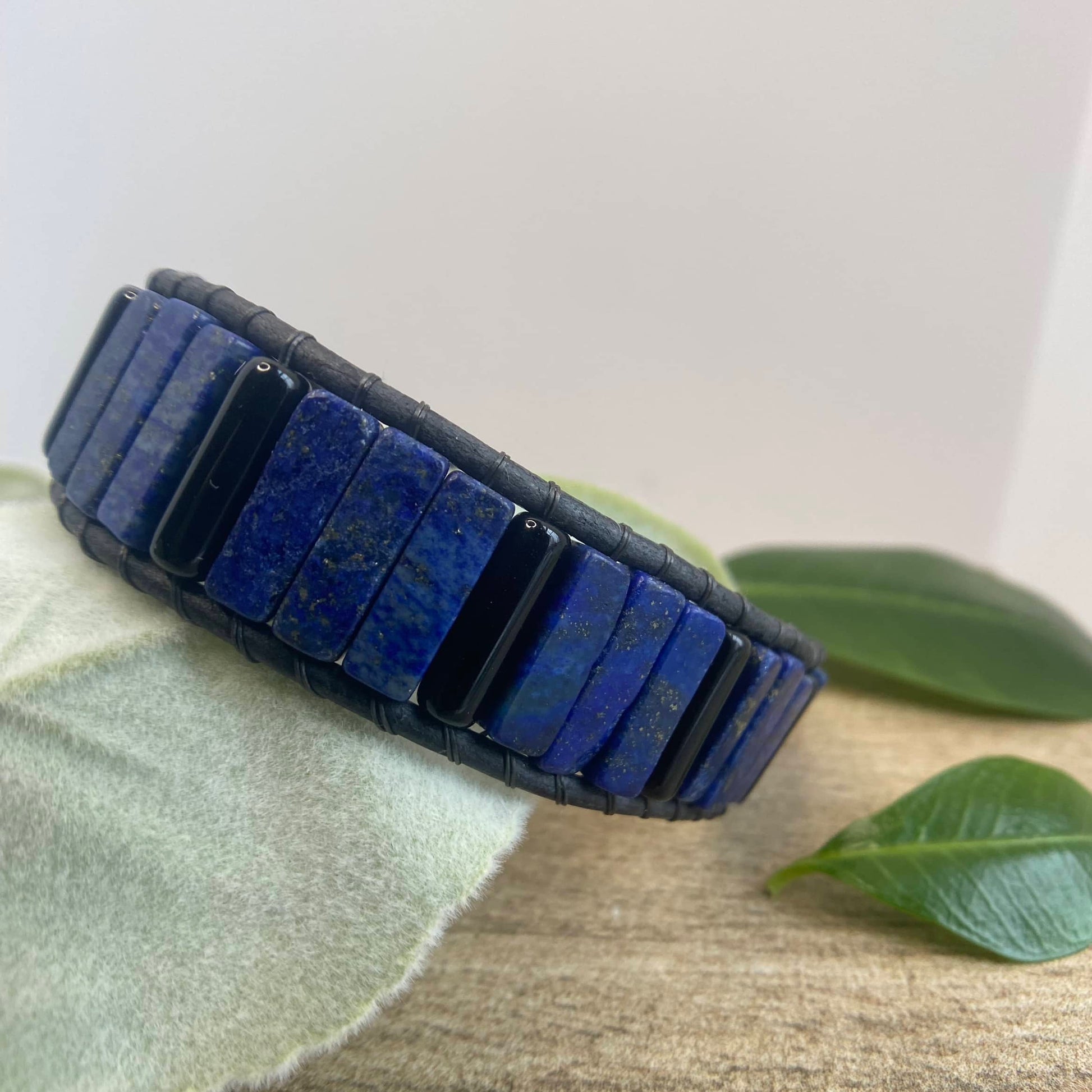 Men's Blue Lapis and Black Obsidian beaded leather bracelet