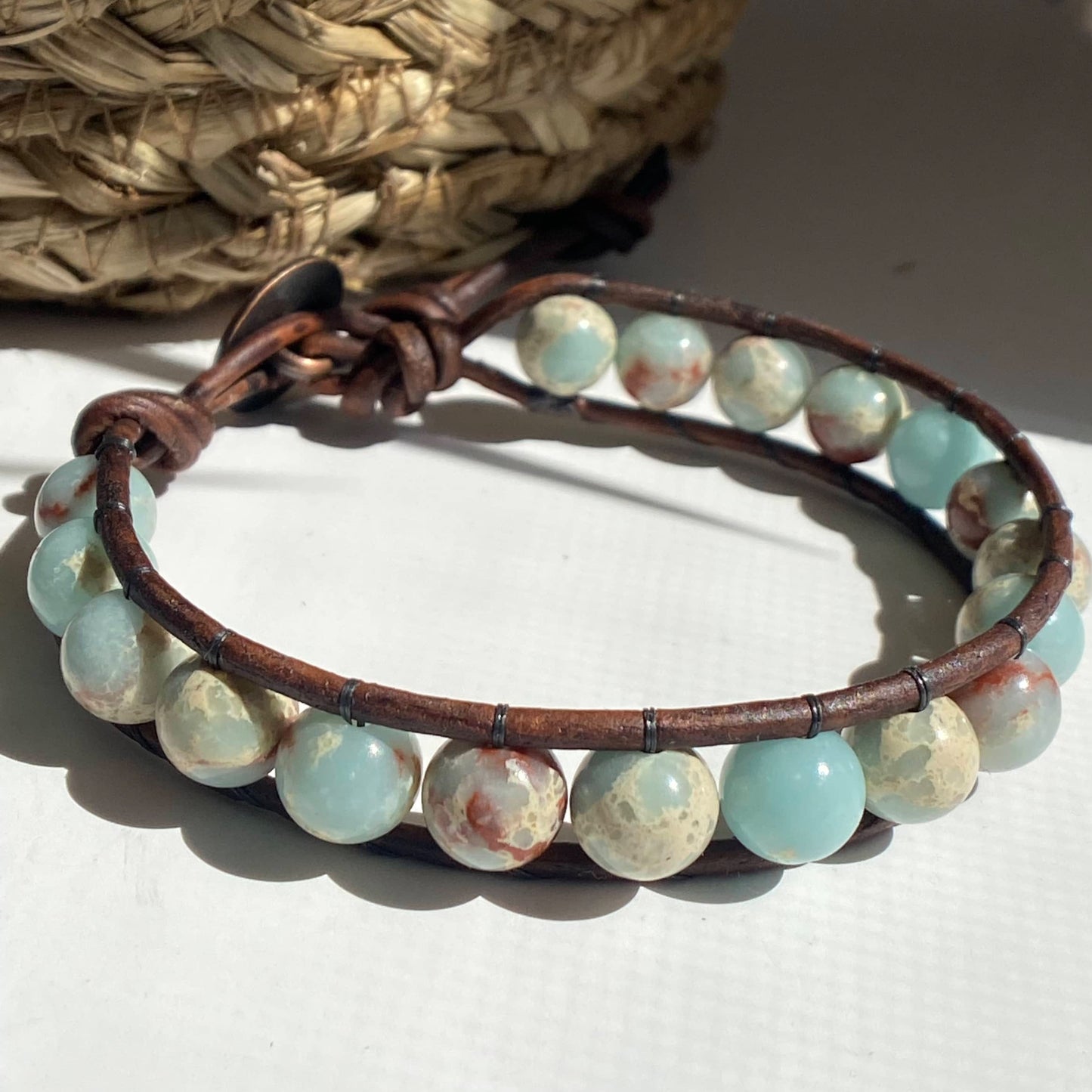 Sea Sediment Jasper Brown Leather Beaded Bracelet - Grounding