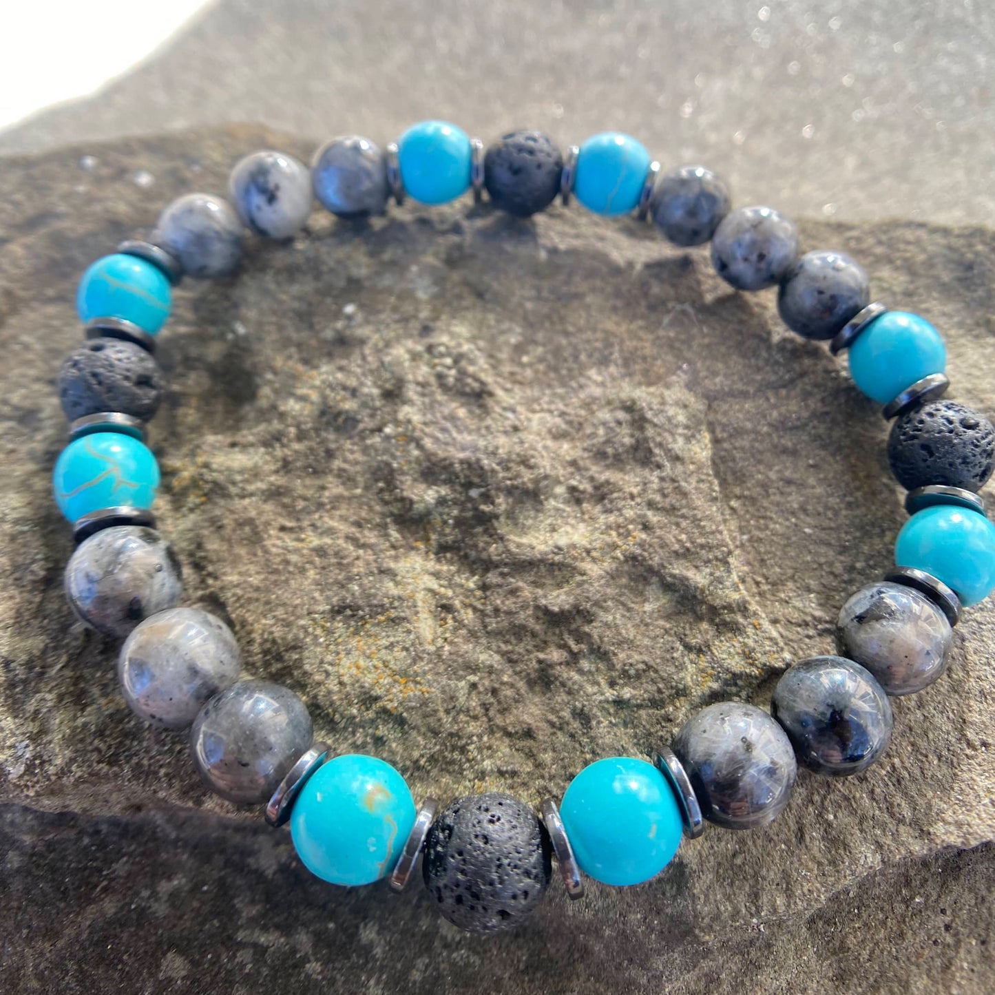 Beaded Stretch Bracelet 8mm Labradorite and Turquoise - Balance