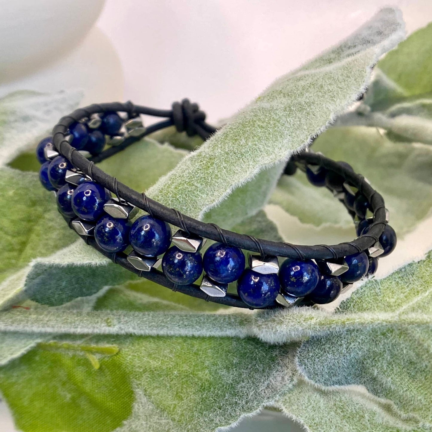 Blue Lapis Beaded Black Leather Bracelet - Connect