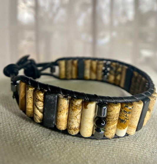 Picture Jasper Onyx Beaded Black Leather Bracelet - Stability and Grounding