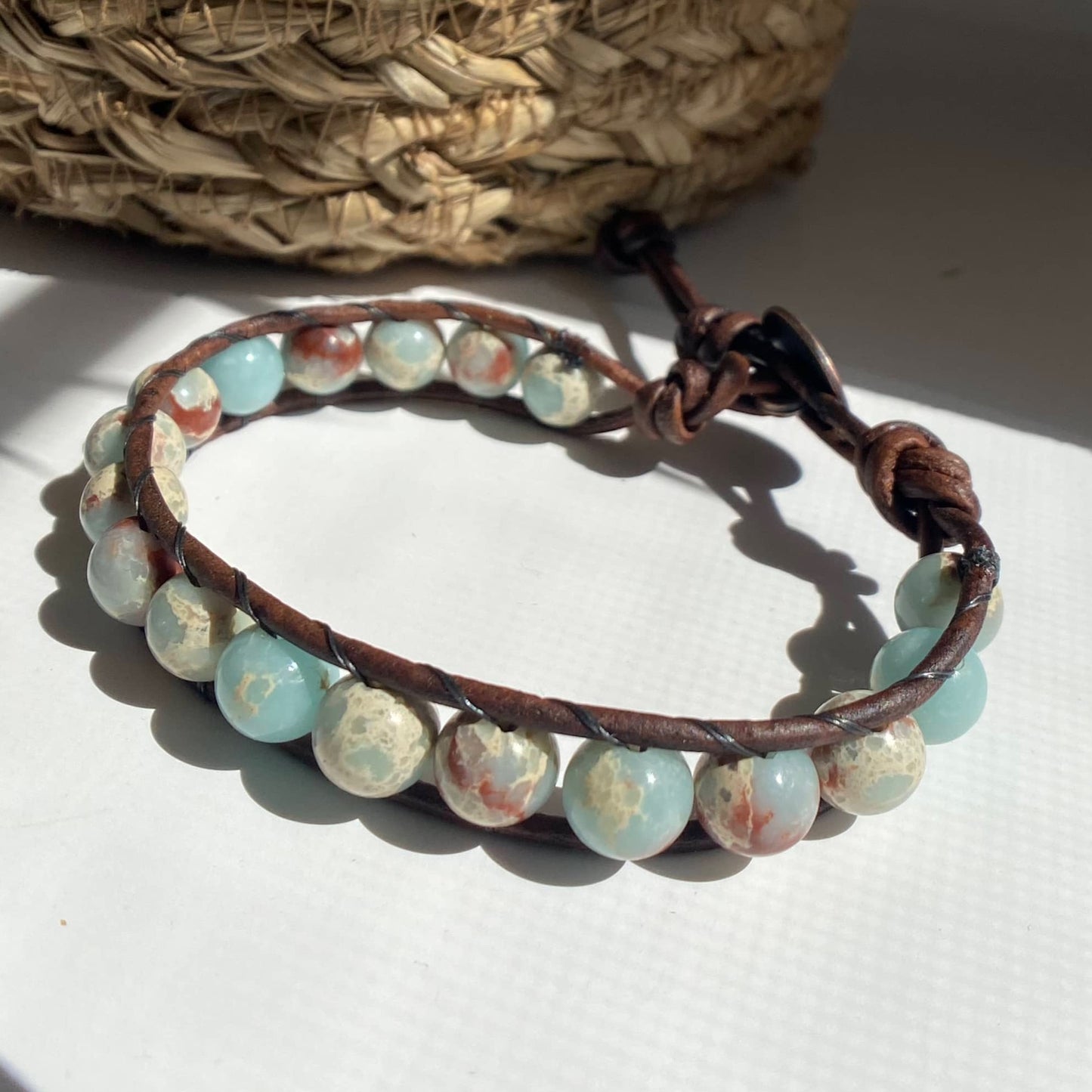 Sea Sediment Jasper Brown Leather Beaded Bracelet - Grounding