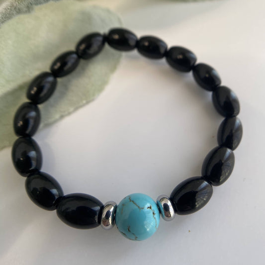 Mens 10mm Black Onyx and Turquoise Beaded Stretch Bracelet