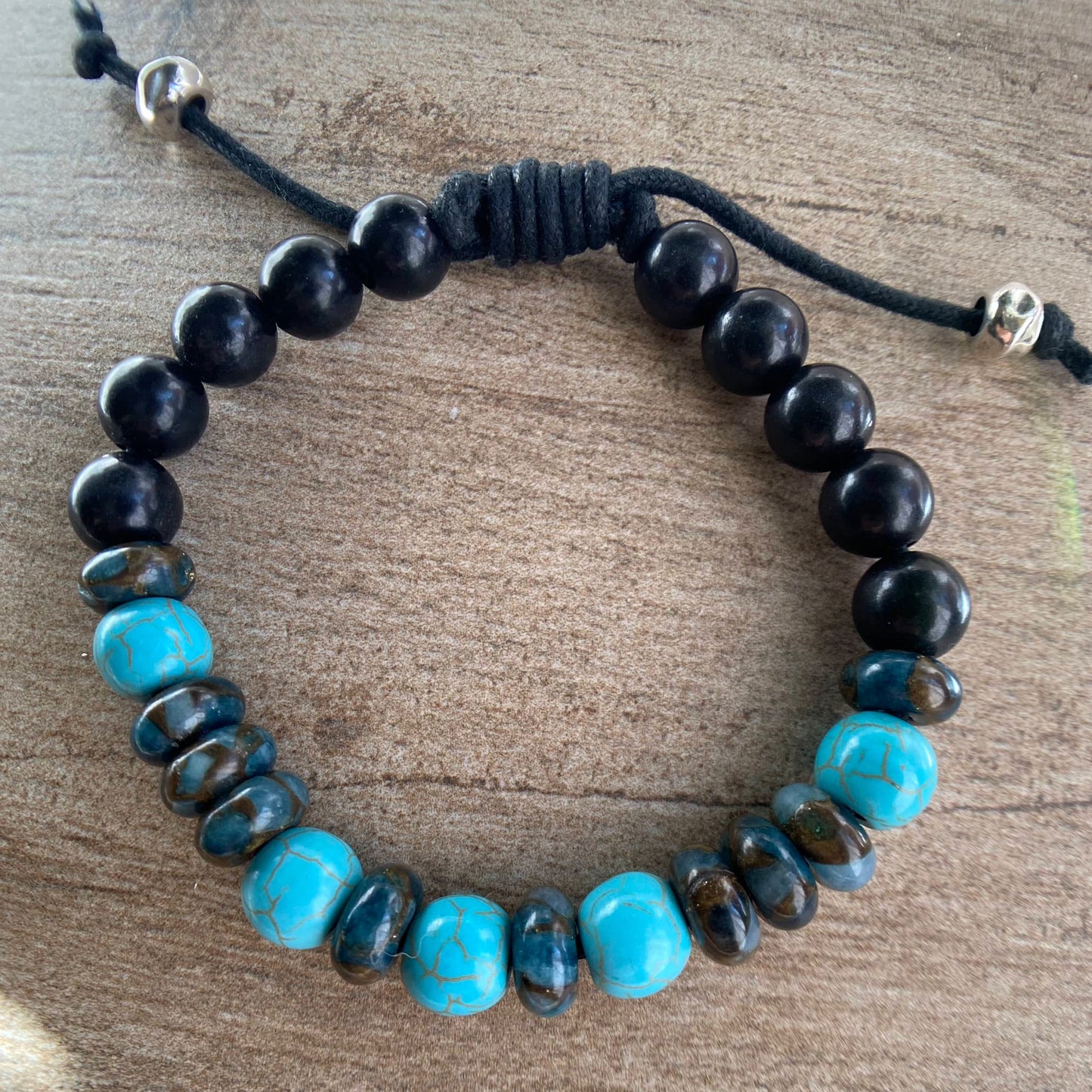 Turquoise & Natural Jasper 10mm Beaded Bracelet, Adjustable Cord Bracelet