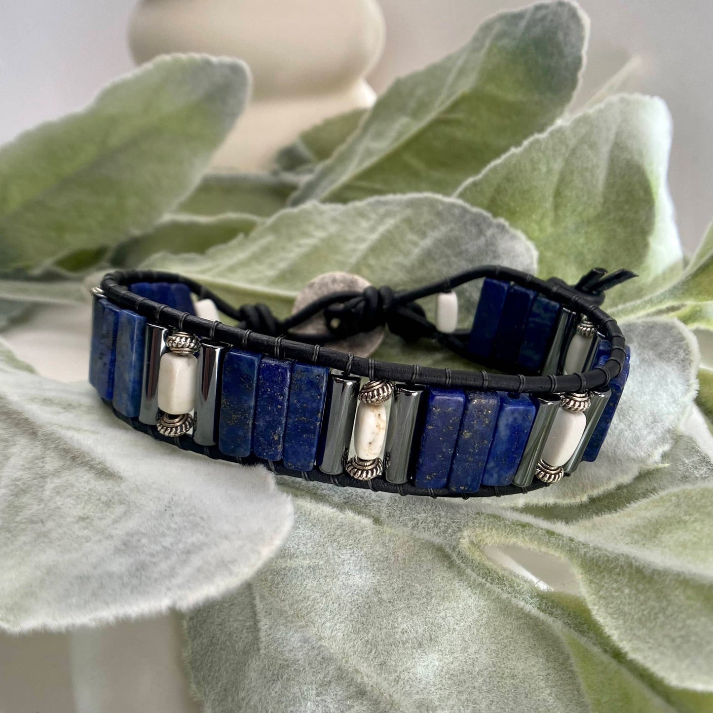 Men's Lapis and White Turquoise Beaded Black Leather Cuff Bracelet - Truth and Integrity