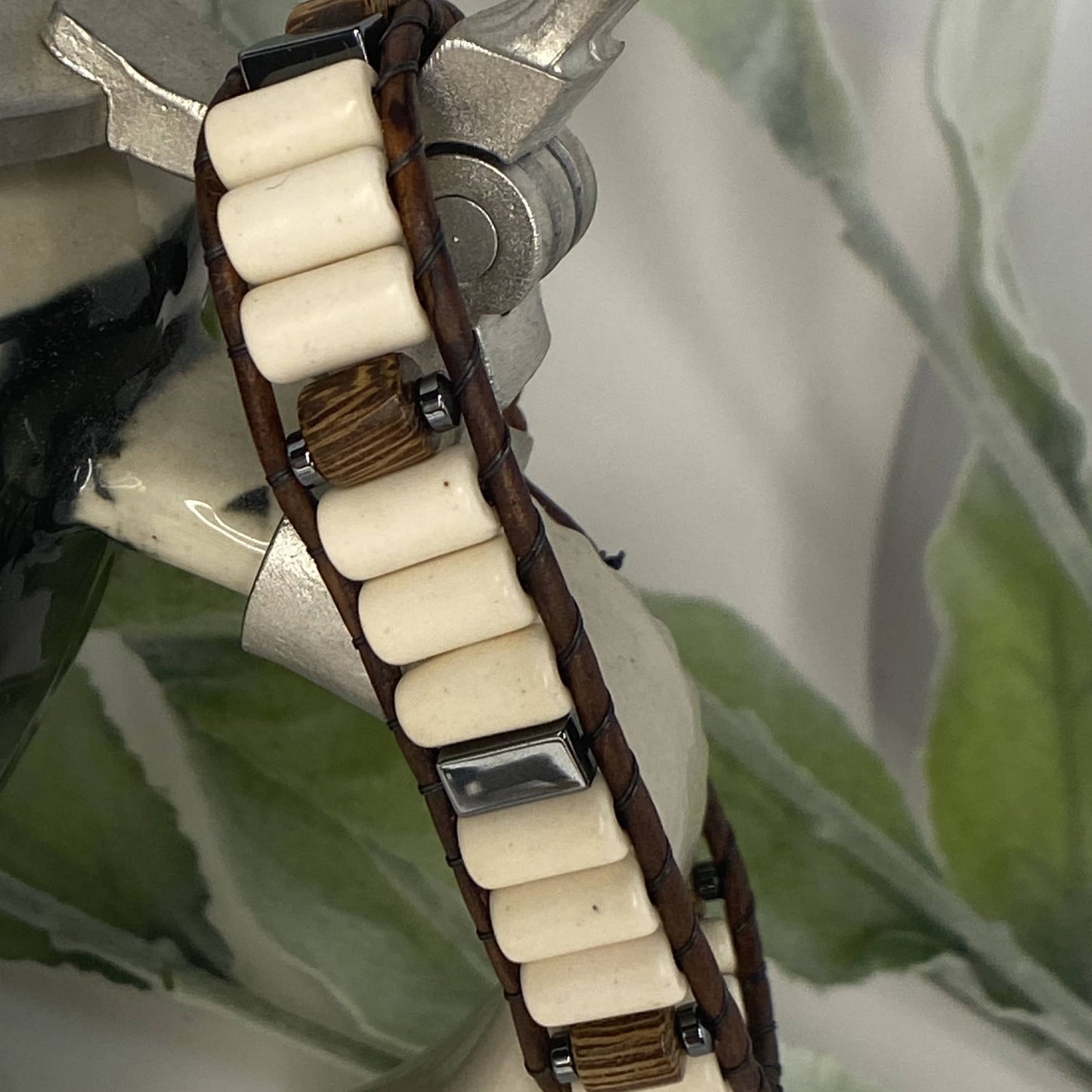 White Turquoise Magnesite Beaded Brown Leather Bracelet with wood beads