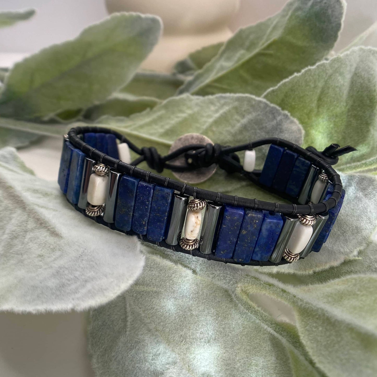 Men's Lapis and White Turquoise Beaded Black Leather Cuff Bracelet - Truth and Integrity