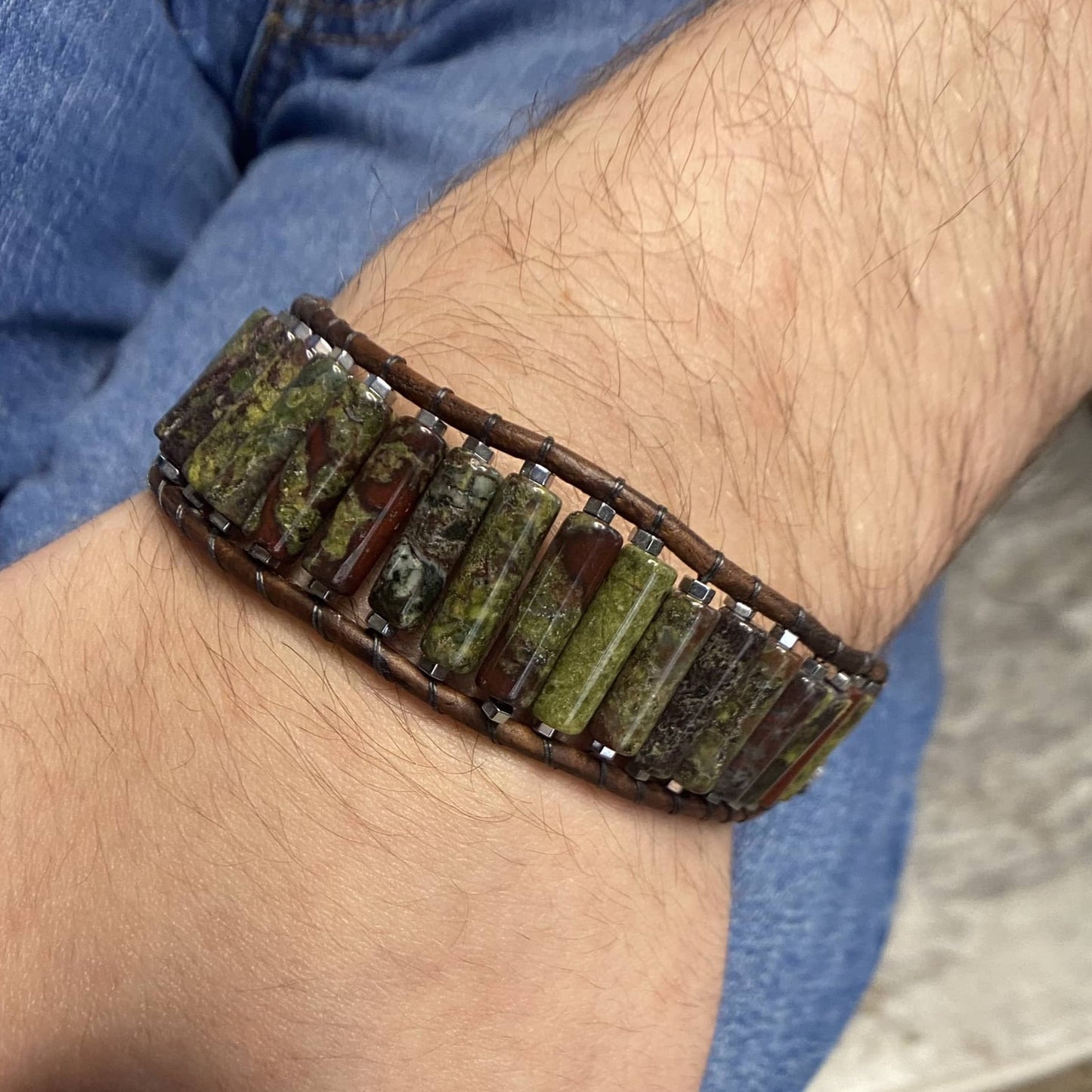 Mens Jasper Beaded Brown Leather Bracelet - Harmony