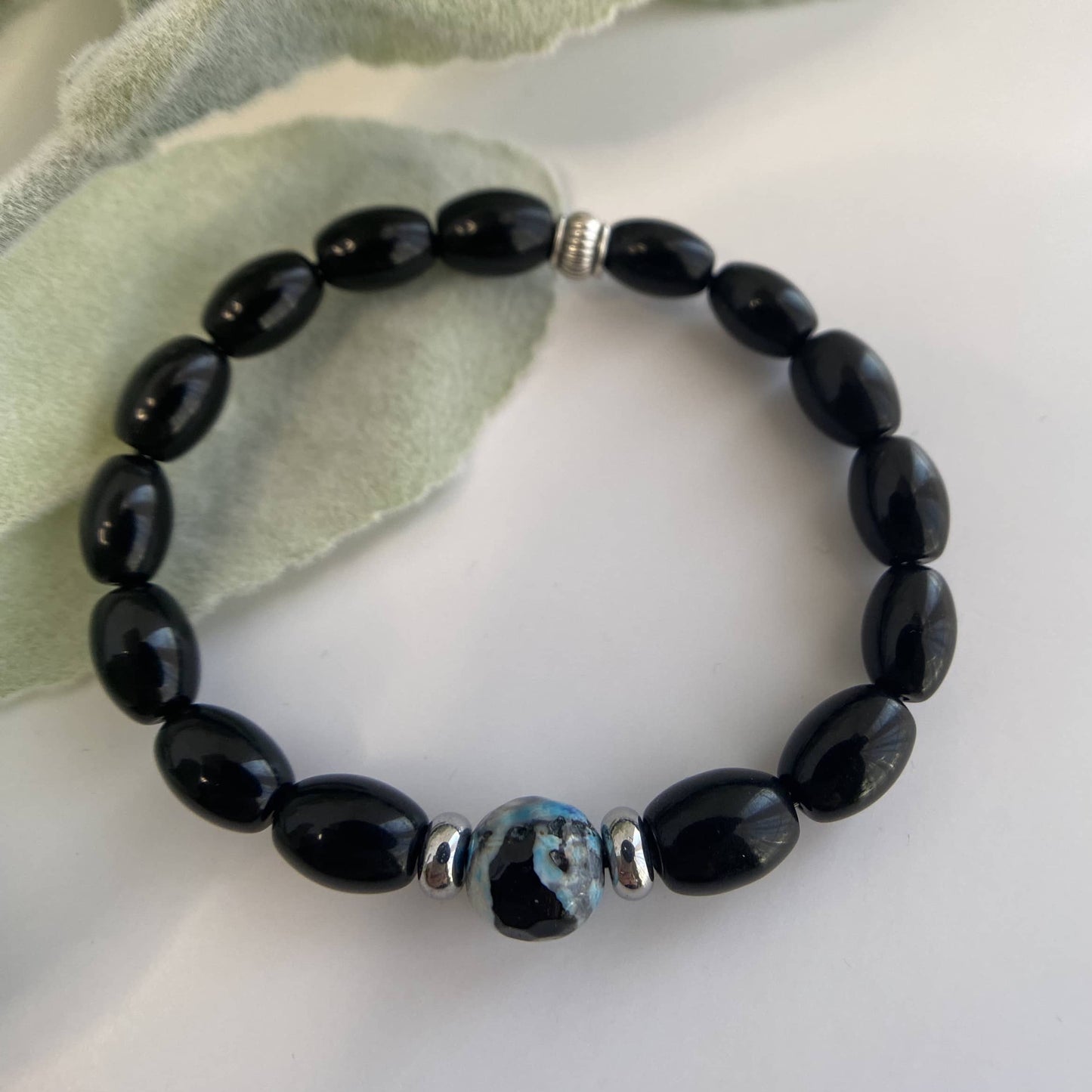 Mens 10mm Black Onyx and Agate Beaded Stretch Bracelet - Strength and Protects