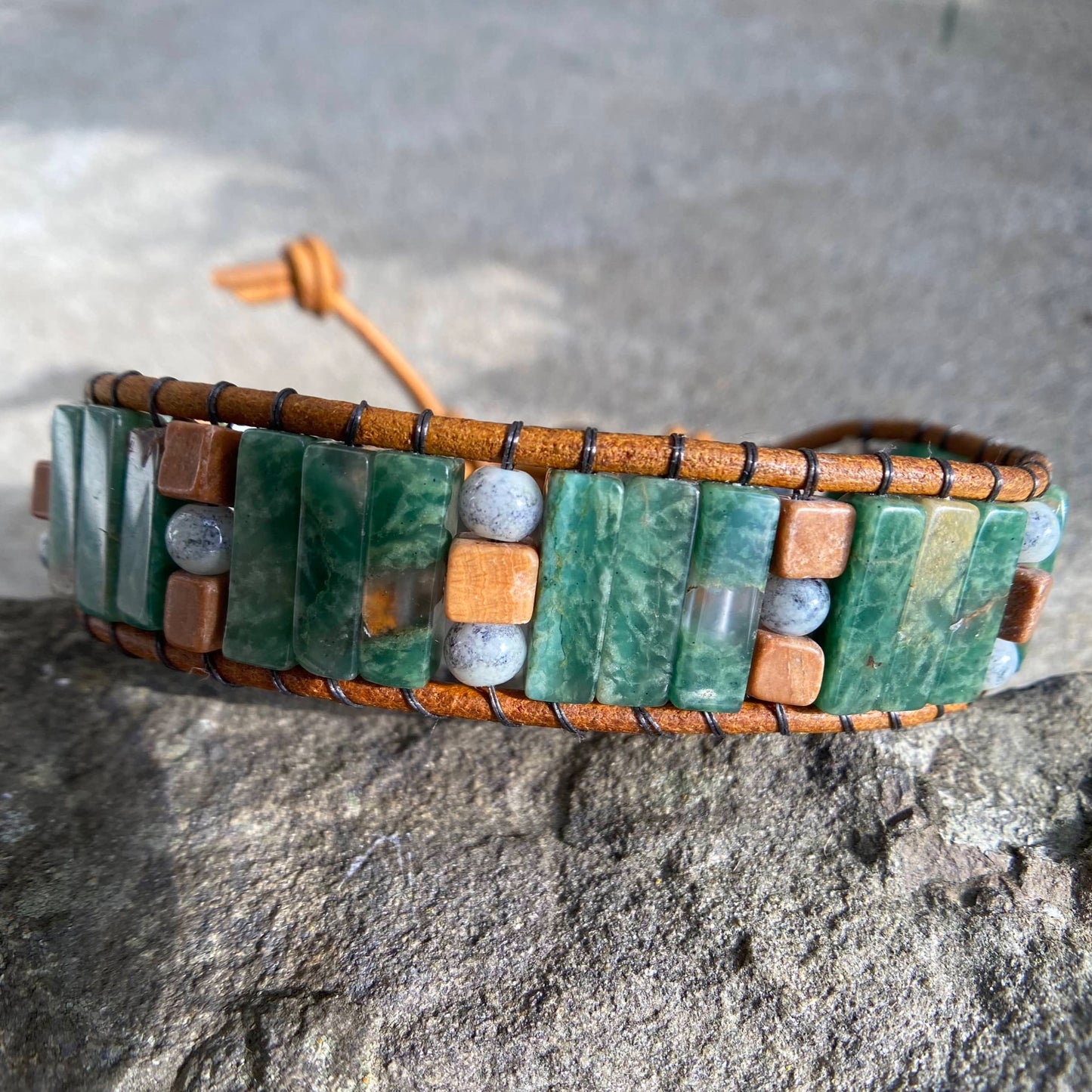 African Jade and Tiger Skin Jasper Beaded Mens Leather Bracelet