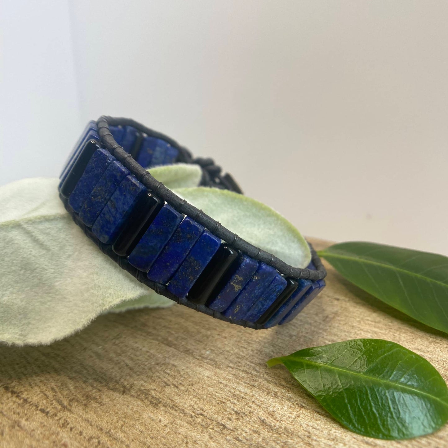 Men's Blue Lapis and Black Obsidian Beaded Black Leather Cuff Bracelet - Truth and Security