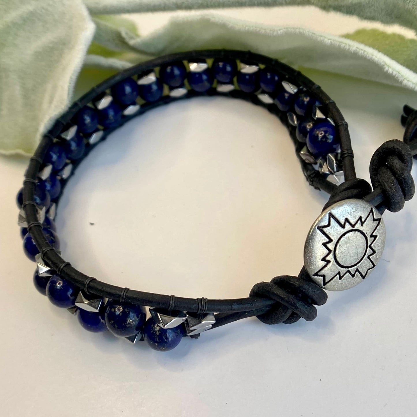 Blue Lapis Beaded Black Leather Bracelet - Connect