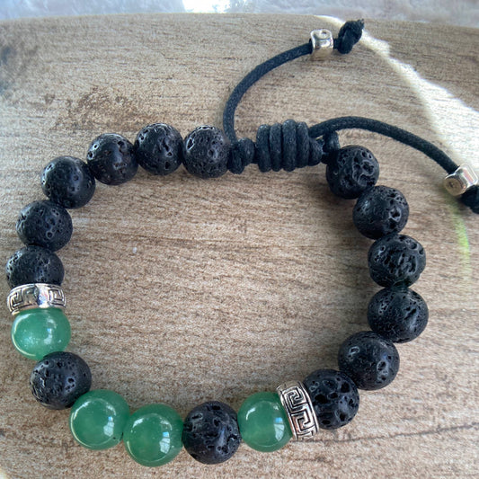 Green Aventurine & Natural Black Lava 10mm Beaded Bracelet Adjustable Bracelet