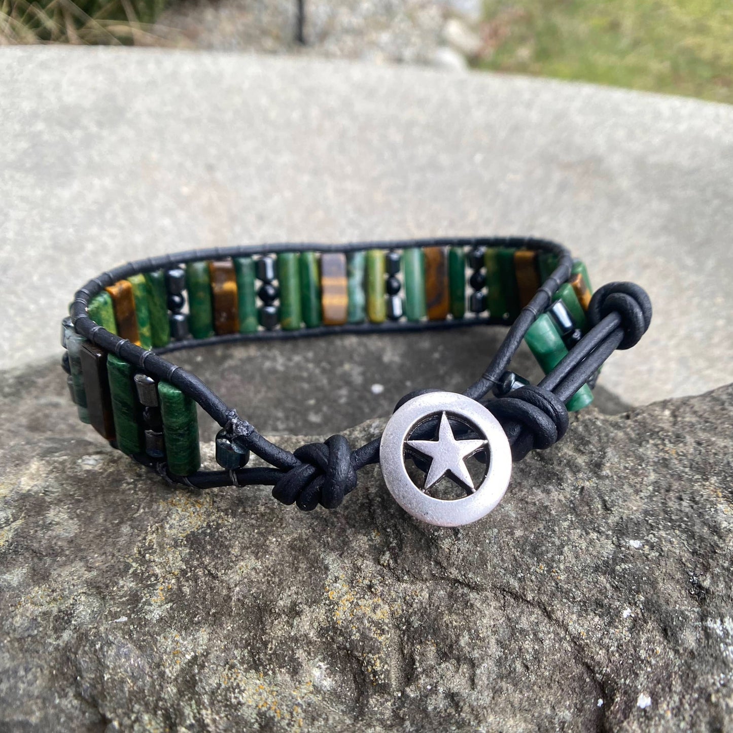 Beaded Green African Jade Beaded Leather Bracelet - Luck and Peace