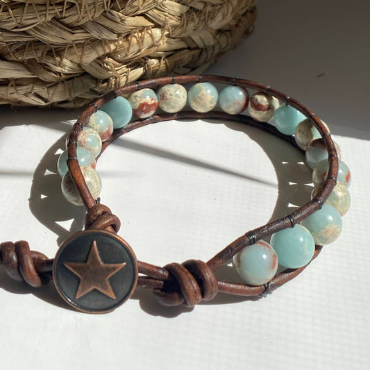 sea sediment jasper beaded leather bracelet