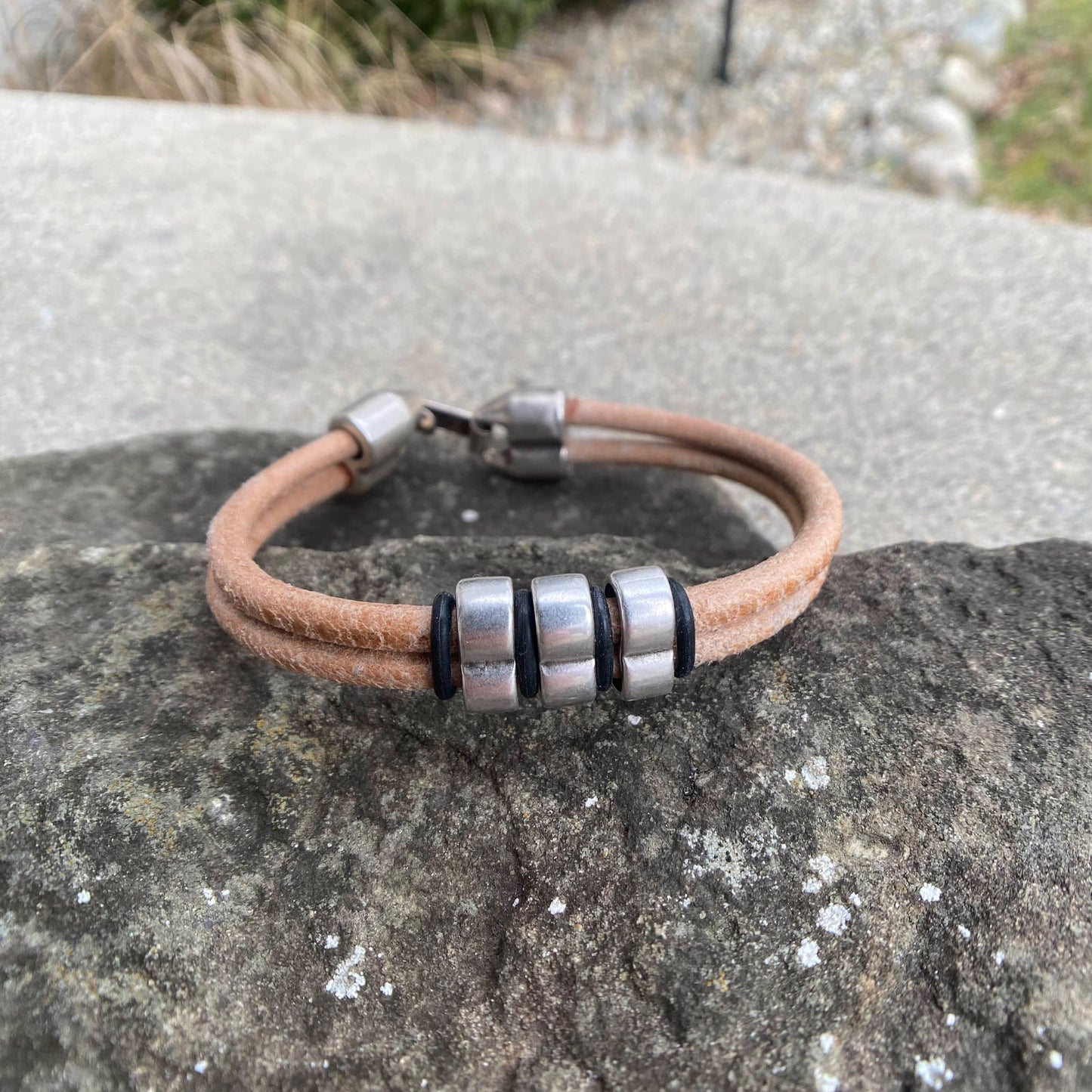 Natural Leather Cord Bracelet with Silver